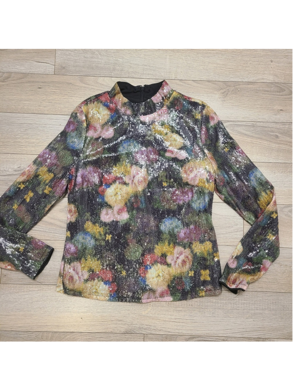 Nicole Miller Floral Sequin Mock Neck Long Sleeve Top Shimmer Blouse Size Small